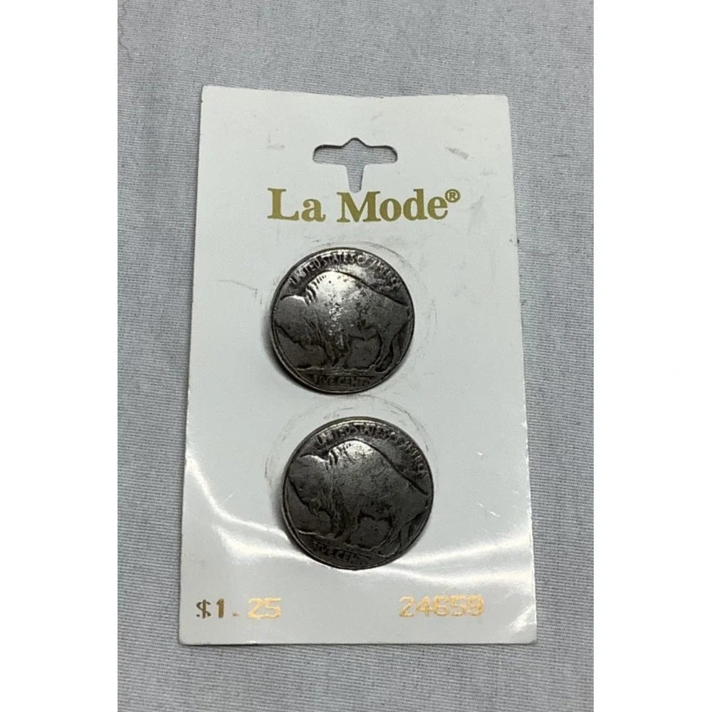 Lot of (2) Antique Silver Historic Buffalo Nickel Coin Buttons Five Cent Italy